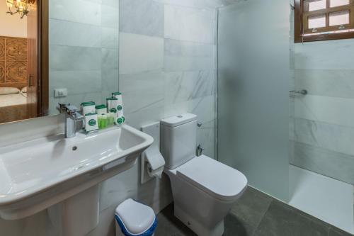 a bathroom with a white toilet and a sink at Apartamentos Emblemáticos Ki_tapenas in Santa Cruz de la Palma