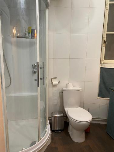 une salle de bain avec toilettes et douche dans l'établissement Appartement Passy Tour Eiffel, à Paris