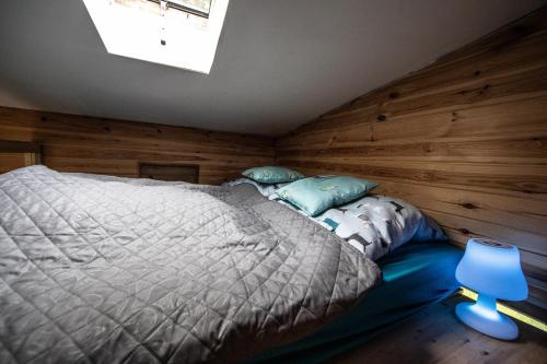 1 dormitorio con cama y lámpara azul en Tiny house - Chatka v Řeži u Prahy, en Husinec