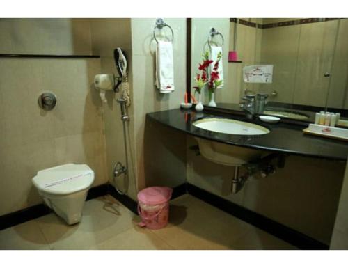 a bathroom with a toilet and a sink and a mirror at Hotel Ans International, Raigarh, in Raigarh