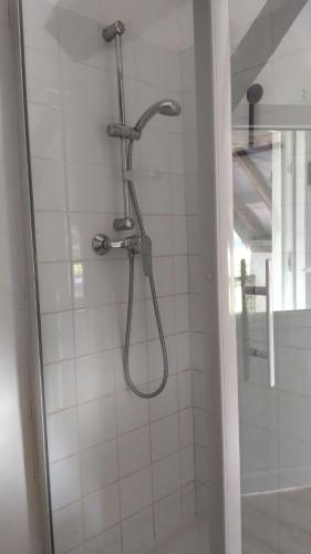 y baño con ducha con cabezal de ducha. en Appartement à l'étage, en Le Mesnil-Durand