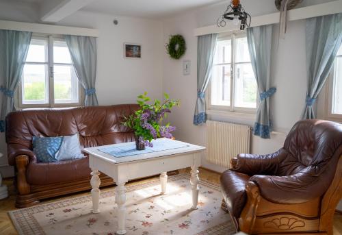 a living room with two leather couches and a table at Roubenka Doubravice in Hrubá Skála