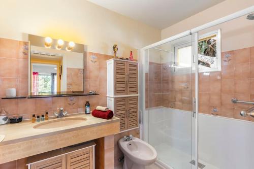 une salle de bain avec un lavabo, une douche et des toilettes dans l'établissement Appartement vue piscine, proche mer, à Vallauris