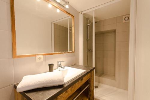 een badkamer met een wastafel en een douche met een spiegel bij Chalet Epilobe - pied des pistes - vue magnifique in Montvalezan