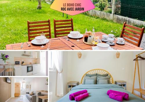 Cette chambre comprend un lit et une table avec des oreillers roses. dans l'établissement Ask Home - Le Boho Chic & Le Dandy, à Valenciennes