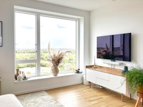 a living room with a tv and a window at Modern Apartment with Amazing Views in Copenhagen