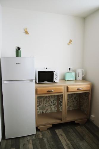 a kitchen with a white refrigerator and a microwave at La belle Epoque in Damparis