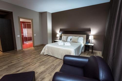 una camera d'albergo con letto e divano di HOTEL DON CAMILLO a Brescello