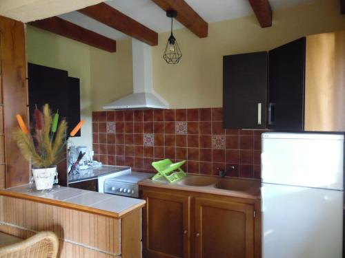a kitchen with a white refrigerator and brown cabinets at Le Viognier - Gîte - Lot (vallée de la Dordogne) in Saint-Michel-de-Bannières