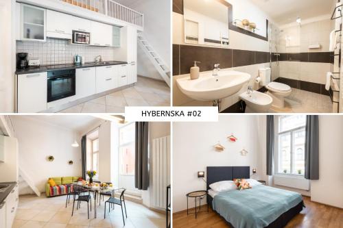 a collage of photos of a bathroom and a bedroom at Hybernska Apartments in Prague