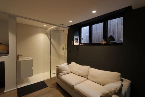 salon z białą kanapą i prysznicem w obiekcie Marie aux Champs w mieście Dolembreux