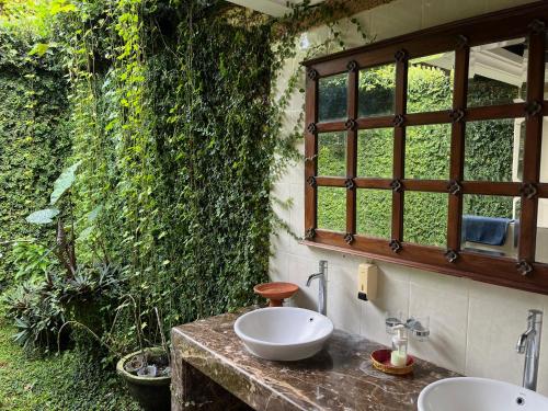 La salle de bains est pourvue de 2 lavabos et d'un mur vert. dans l'établissement Villa Ayung, à anur
