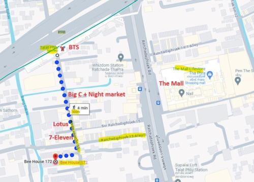 a map of the mall with yellow dots at Bee House 172 only 300m to BTS Talat Phlu in Bangkok