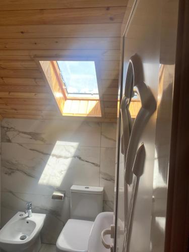 a bathroom with a toilet and a sink and a skylight at Prroni's Rooms in Shkodër