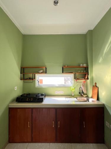 a kitchen with green walls and a sink and a stove at Nomad Cottage in Amed