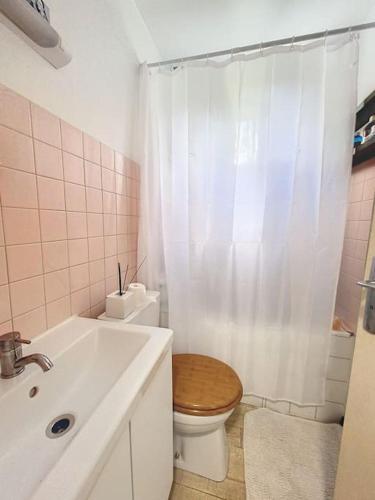 une salle de bain avec toilettes, lavabo et douche dans l'établissement Un nid paisible à 12min de Paris, à Colombes