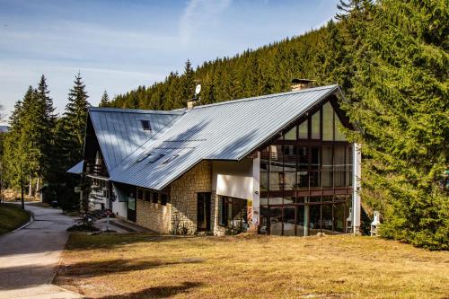 een huis met een metalen dak op een berg bij Hotel Esprit in Špindlerův Mlýn
