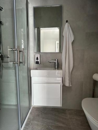 uma casa de banho com um chuveiro, um lavatório e um espelho. em Room Sleep & Fly em Kaštela