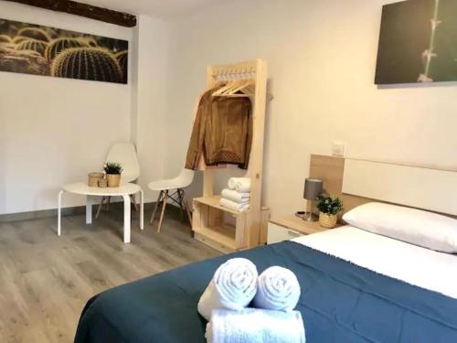 1 dormitorio con 1 cama y 1 mesa con silla en Apartamento Ramon Pignatelli, en Zaragoza
