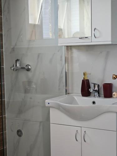 a white bathroom with a sink and a mirror at Zlatni bor apartmani in Solotuša