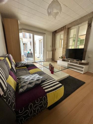 a living room with a bed and a tv at Epinal Hyper Centre, Place des Vosges T2 avec terrasse et salon de jardin. in Épinal