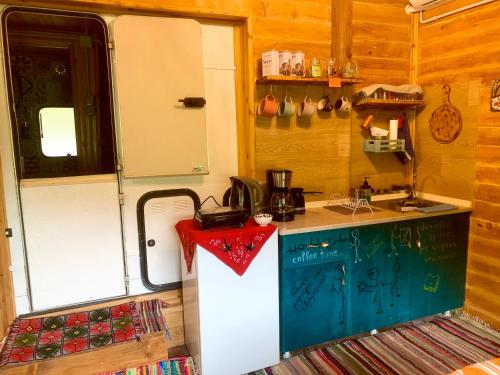 een keuken met een koelkast en een wastafel in de kamer bij RVilla in Pávliani