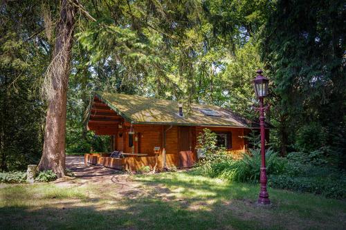 a log cabin in a park with a street light at Natuurhuisje aan Duinrand in Soest