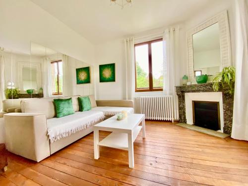 ein Wohnzimmer mit einem Sofa und einem Kamin in der Unterkunft JO 2024 Grande Maison 10 voyageurs 30KM de paris in Cires-lès-Mello