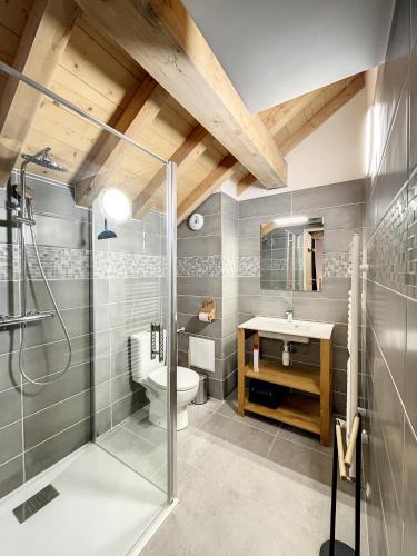 une salle de bain avec une douche, des toilettes et un lavabo dans l'établissement Chalet Le Gebroulaz, à La Toussuire