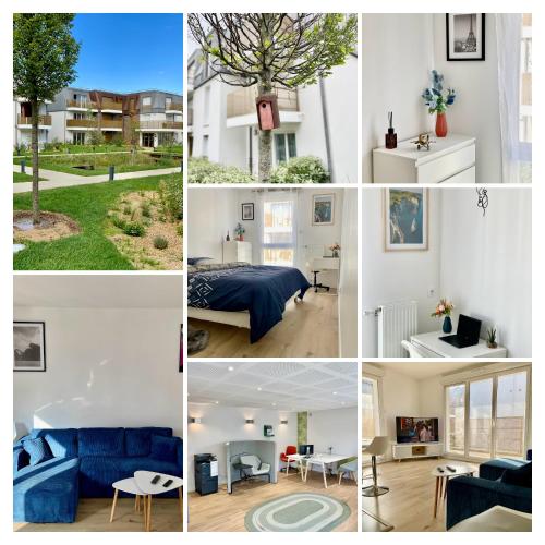a collage of photos of a bedroom and a house at Chambre Confort - Douche Privative - Jardin - Parking Gratuit in Argenteuil