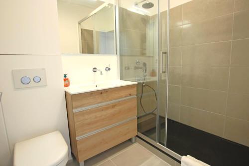 une salle de bain avec une douche, un lavabo et des toilettes dans l'établissement Appartement 70 m2 face à la mer, dernier étage, au bord des plages, à Cannes