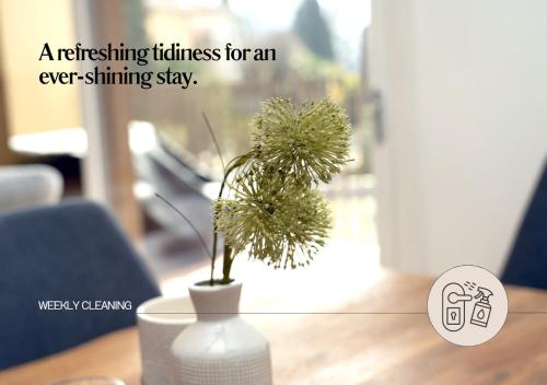 a white vase with a plant in it on a table at Serviced Apartments by Hotel de Charme Laveno in Laveno