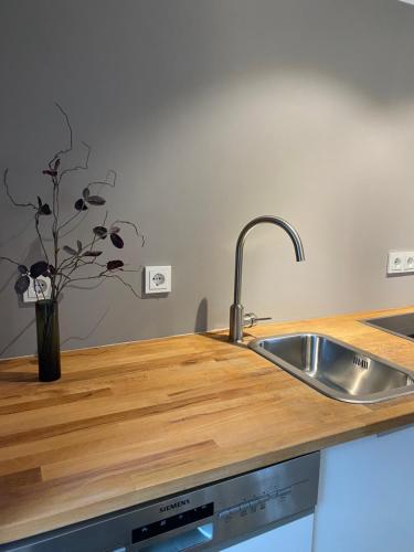 un comptoir de cuisine avec un évier et un vase avec des fleurs dans l'établissement Souterrain Wohnung in einer Stadtvilla, à Hagen