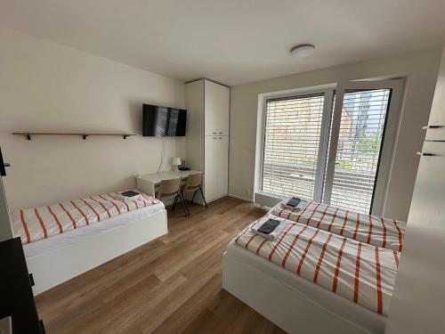 a bedroom with two beds and a desk and two windows at Bella Apartments Brno in Brno