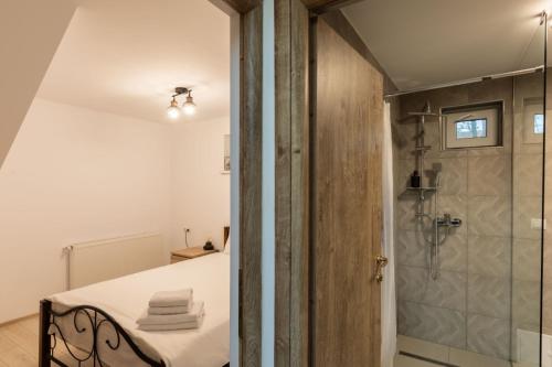 a bathroom with a bed and a shower in a room at Oxigen Dream in Râşnov