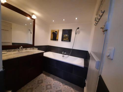 a bathroom with a tub and a sink and a mirror at Gîte La Boutardière in Saint-Aubin-le-Cloud