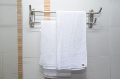 Duas toalhas brancas penduradas num toalheiro na casa de banho em New Siesta Hotel & Resort em Alexandria