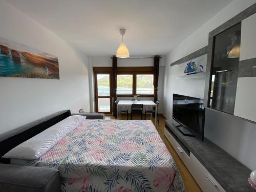 a bedroom with a bed and a television and a table at Increíbles Vistas a la Ría de Mogro in Miengo
