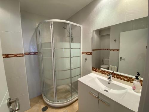 ein Bad mit einer Dusche und einem Waschbecken in der Unterkunft Increíbles Vistas a la Ría de Mogro in Miengo