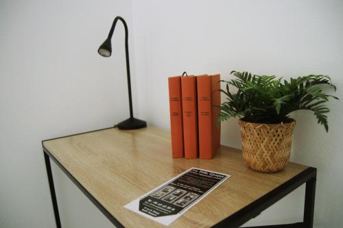 a desk with a lamp and a plant and books at La belle Epoque in Damparis