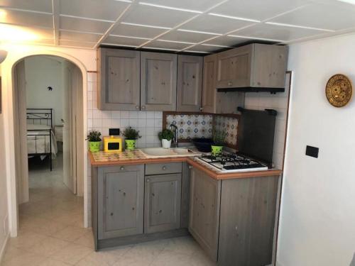 a kitchen with gray cabinets and a stove top oven at Delizioso appartamento a Capri in Capri