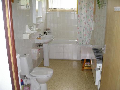 a white bathroom with a toilet and a sink at Apartment Pavla in Jáchymov
