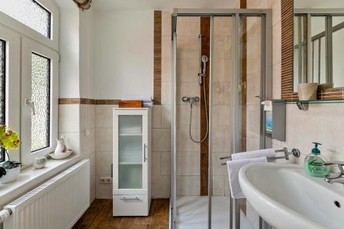 uma casa de banho com um chuveiro e um lavatório. em Ferienwohnung Kaffeemühle em Flensburg