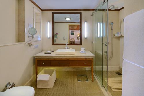 uma casa de banho com um lavatório e um chuveiro em Fortune Resort Heevan, Srinagar - Member ITC's Hotel Group em Srinagar