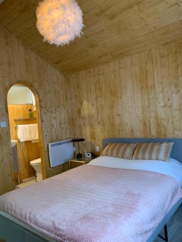 sypialnia z łóżkiem i żyrandolem w obiekcie Escapade Romantique en Chalet Nature, Calme et Douceur au Bord de Marne w mieście Isles-lès-Villenoy