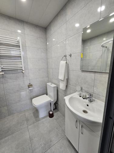 La salle de bains est pourvue de toilettes blanches et d'un lavabo. dans l'établissement Shahumyan 98 Guest house, à Gyumri