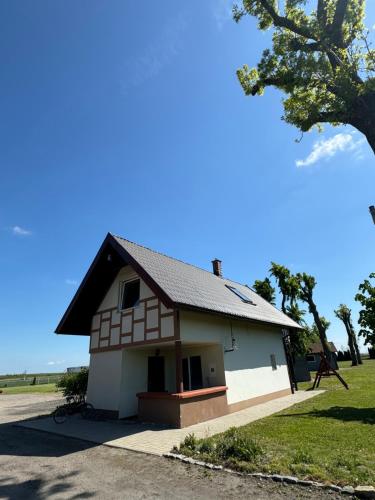 a house with a black roof on a field at Ranczo Ryki in Nowy Dwór Gdański