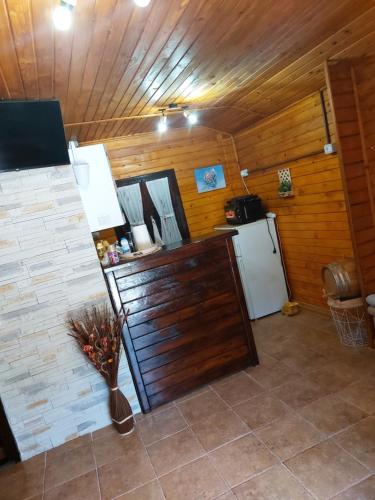 a kitchen with a refrigerator and a counter in a room at Dor de Munte Transfăgarasan in Cîrţişoara