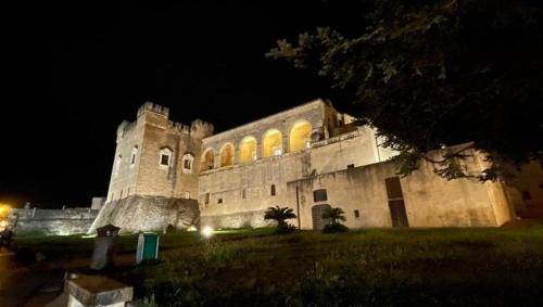 a large building at night with a tree in front of it at La botte in Mesagne