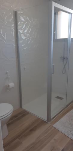 une salle de bain avec douche et toilettes dans l'établissement Maison proche de la mer, à Pianottoli-Caldarello